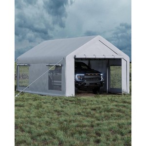 13x20 Ft Carport with 4 Windows, Car Port with 220g PE Tarp, 8 Sandbags, 2 Roll-Up Doors for Full-Size Pickups, Bass Boats, Tractors, and SUVs - 1 of 4