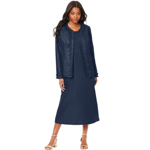 Roaman's Women's Plus Size Three-piece Lace Duster & Pant Suit - 16 W, Blue  : Target