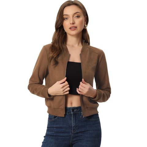 INSPIRE CHIC Women's Faux Suede Cropped Stand Collar Zip-Up Bomber Jackets Small Brown
