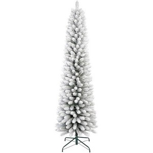 Acekool Snow Flocked Pencil Prelit Holiday Tree, Slim White, Warm Glow, 329 Tips, Metal Stand, Space-Saving for Home or Office - 1 of 1