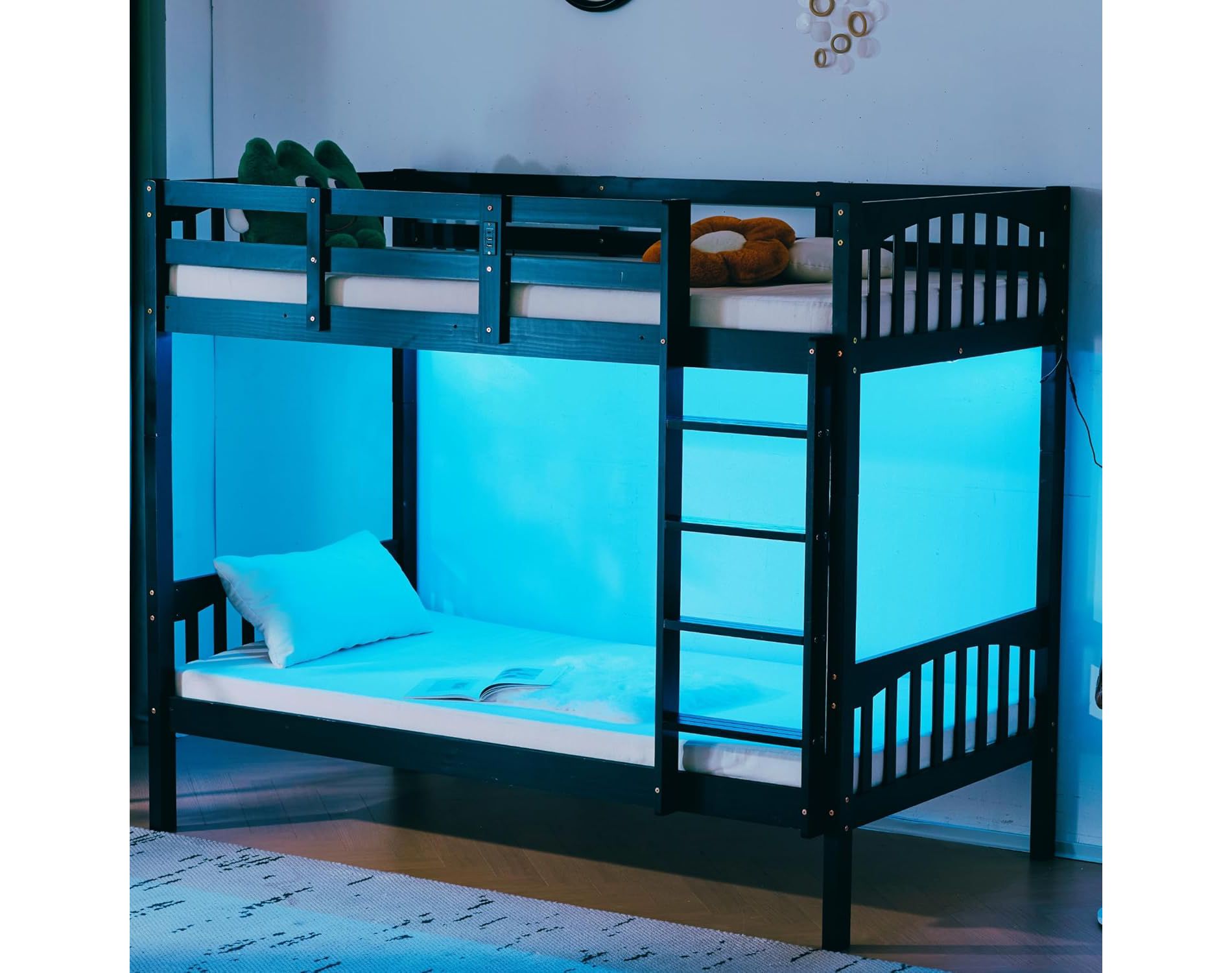VINGLI Solid Wood Bunk Bed Twin Over Twin with LED Lights/USB Port