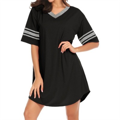 Clotth Womens Nightgown Cotton Sleepwear Short Sleeve Sleep Shirt V Neck Color Block Nightshirt, Black