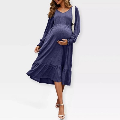 Women's Maternity Midi Dress Long Sleeve V-Neck Flowy Dress Pleated Flare with Smocked Cuffs Casual Dress,Dark Blue - M