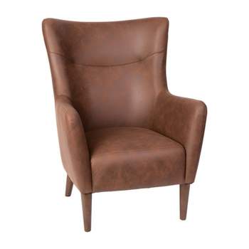 Emma and Oliver Traditional Wingback Accent Chair, Faux Leather Upholstery and Wooden Frame and Legs