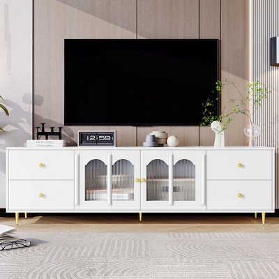 70.9'' Modern TV Stand for TVs up to 75 Inches, Entertainment Center with Glass Door, 4 Drawers and 2 Cabinets, Five Metal Legs ,White