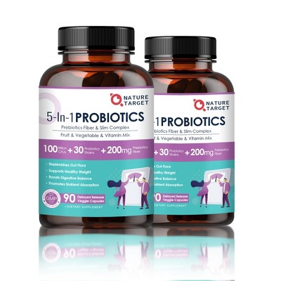 NATURE TARGET (Pack of 2) Probiotics & Prebiotics for Men & Women, 100B CFUs for Digestive & Immune Health, 180 Veg Caps (90-Day Supply)