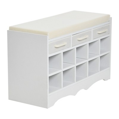 White Entryway Shoe Bench with Drawers and Cushioned Seat
