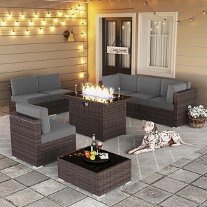 LayinSun 8 Piece Patio Furniture Set with 44" Propane Gas Fire Pit Table, Outdoor Sectional Conversation Set Wicker Rattan Sofa Set - 1 of 4