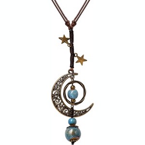 Bohemian Ceramic Moon Lariat Necklace - Vintage Boho Statement Jewelry Gift - 1 of 4