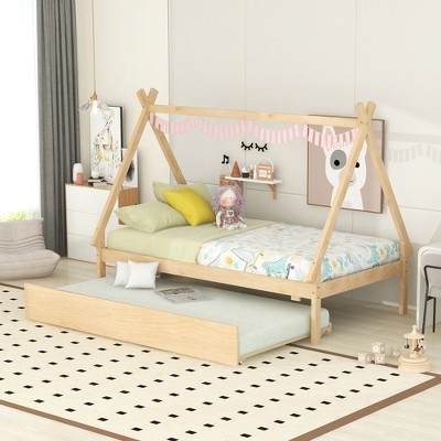 Tent Floor Bed with Storage Footboard and Guardrail for Kids