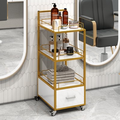 KTMBDW Kitchen Island Cart on Wheels with Wood marbled top, Utility Trolley Cart with Drawers & Casters, Storage Cabinet for Dining Room, Bar, White