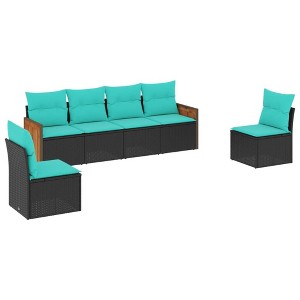vidaXL Patio Sofa Set with Cushions - 6 Piece Black Poly Rattan Outdoor Furniture - Modular Design, Comfortable Seating for Garden, Deck, Backyard - 1 of 4