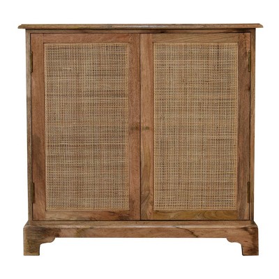 HomeRoots 34" Brown Solid Wood And Textured Rattan Accent Cabinet With Two Doors