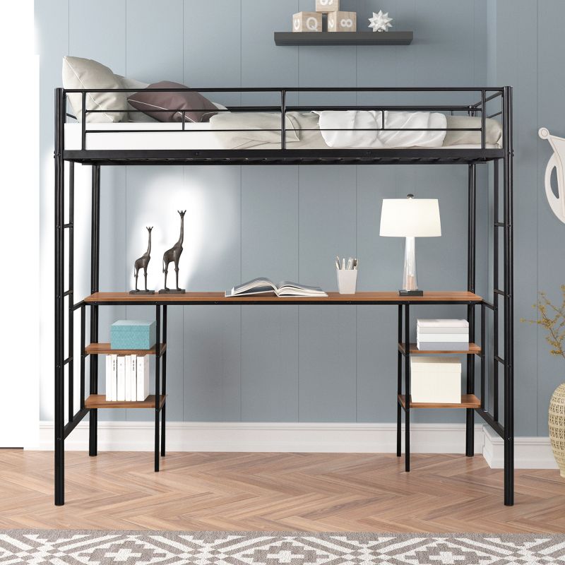 Metal Twin Size Low Loft Bed With Storage Shelf And Table, Black - ModernLuxe, 2 of 11