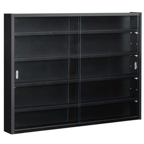 48 Glass Display Case w/Framless Design, Adjustable Shelves, Sliding Door  - Black