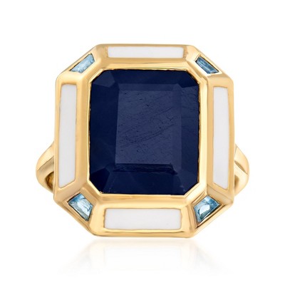 Ross-Simons 7.50 Carat Sapphire, .20 ct. t.w. Sky Blue Topaz and White Enamel Vintage-Style Ring in 18kt Gold Over Sterling
