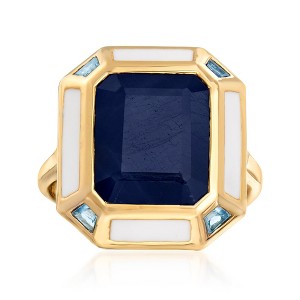 Ross-Simons 7.50 Carat Sapphire, .20 ct. t.w. Sky Blue Topaz and White Enamel Vintage-Style Ring in 18kt Gold Over Sterling Size 8 - 1 of 4