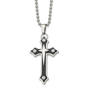 Chisel Stainless Steel Polished Black IP-plated with Cubic Zirconia Cross Pendant on a 20" Ball Chain Necklace - 1 of 4