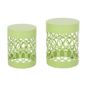 Vynxaria Patio Coffee Tables - Green Metal Set of 2 End Tables - 1 of 4