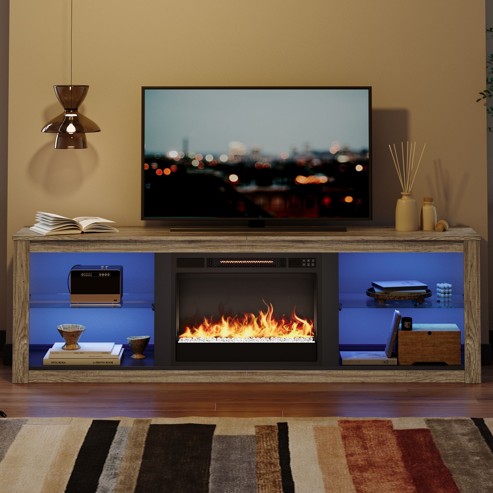 Bestier 71" Fireplace TV Stand for TVs Up to 75", Modern TV Stand with 36" Electric Fireplace with LED Lights & Shelves for Living Room, Wash Grey