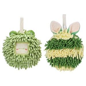 REGALWOVEN Rabbit Shape Quick Drying Soft Absorbent Decorative Chenille Fuzzy Ball Hand Towels with Hanging Loops 7" x 7" 2 Pcs - 1 of 4
