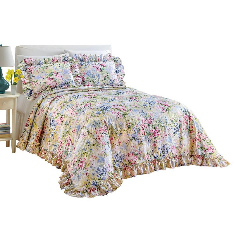 Collections Etc Floral Watercolor Gardenscape Lightweight Plisse Bedspread, 1 of 4