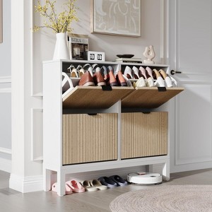 Rustic Grooved Shoe Rack with 4 Drawer Flaps - Narrow Wooden Shoe Storage with Metal Legs, Modern Hidden Organizer - 1 of 4