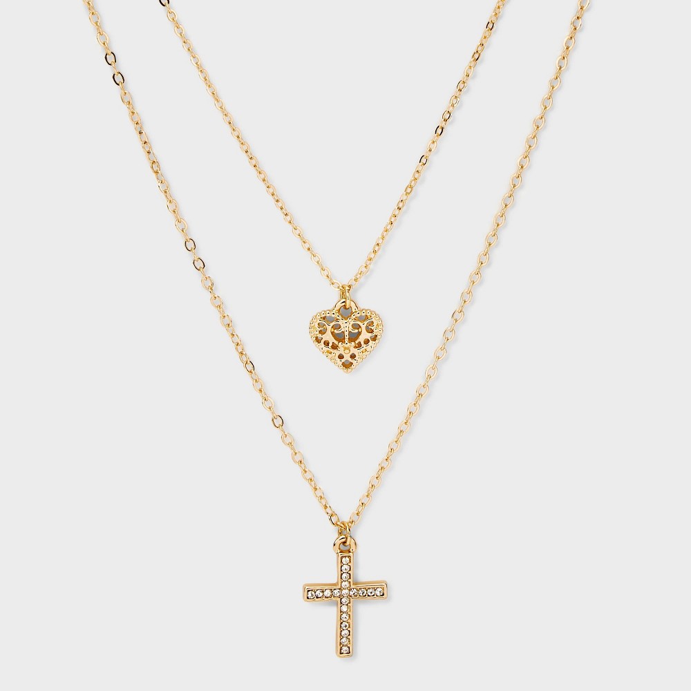 Heart and Cross Pendant Necklace Set 2pc - Wild Fable Gold