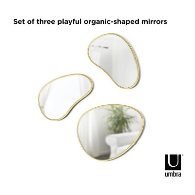 Set of 3 Whimsical Pebble Wall Mirrors in Brass Finish