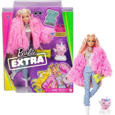 Barbie Extra Doll #3 in Pink Fluffy Coat with Pet Unicorn-Pig