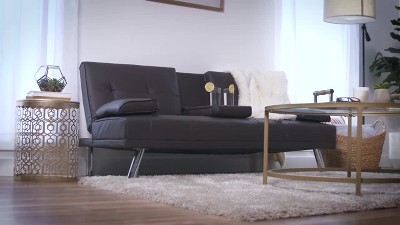 Red Faux Leather Convertible Sleeper Sofa with Cup Holders