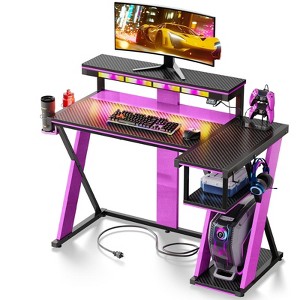 Bestier 41.6''/57'' L Shaped Gaming Desk with Monitor Stand & Power Outlet, LED Corner Computer Desk with Cup Holder & Controller Stand - 1 of 4