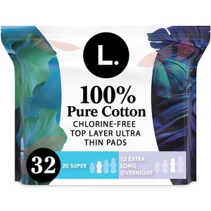 L . Organic Cotton Topsheet Ultra Thin Pads Duo Pack – Super / Overnight Absorbency - 32ct - 1 of 4