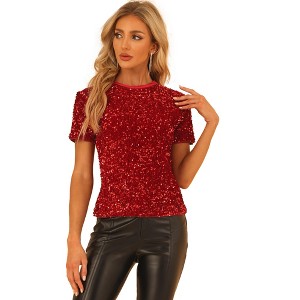 INSPIRE CHIC Women's Sequin Velvet Crew Neck Short Sleeve T-shirt - 1 of 4