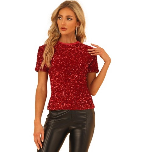 Allegra K Women's Sequin Shiny Glitter Crop Short Sleeves Tassel T-shirt :  Target