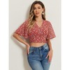 INSPIRE CHIC Women's Floral Flare Short Sleeve V Neck Summer Smocked Crop Tops - 2 of 4