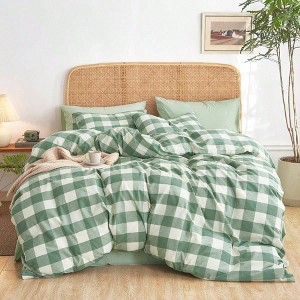 Gingham Cotton Duvet Cover Set, Plaid Buffalo Check, 100 Washed Cotton, 3 Pieces, Green White, Queen Size - 1 of 4
