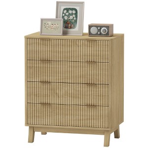 Yukimo 27.6" Natural Wood 4-Drawer Dresser, Fluted Chest of Drawers with Gold Finger Pulls and Wood Legs for Bedroom - 1 of 4