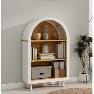 LIVAREEmlen Arched Small Bookcase,Wooden Modern Arched Top Bookshelf with 3 Shelves,White with Woodgrain Shelves for Living Room, Bedroom, Entryway - 1 of 4