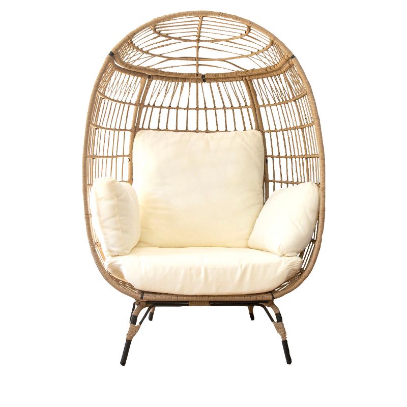 Barton Oversized Wicker Egg Chair Indoor/Outdoor Patio Lounger With Seat Cushion, Beige/White, 1 of 9