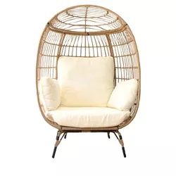 Barton Oversized Wicker Egg Chair Indoor/Outdoor Patio Lounger With Seat Cushion, Beige/White