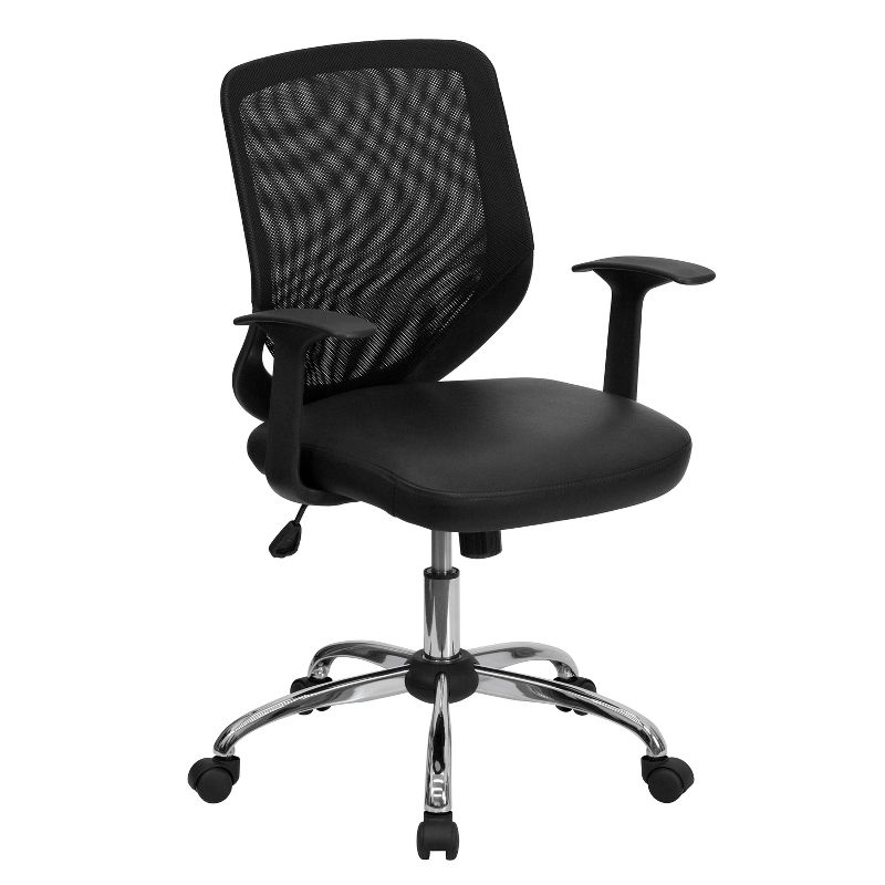 Flash Furniture Mid-Back Mesh Tapered Back Swivel Task Office Chair with LeatherSoft Seat, Chrome Base and T-Arms, 1 of 6