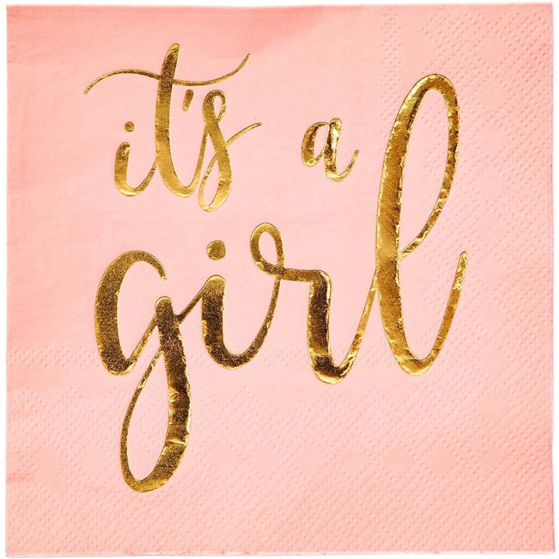 Sparkle and Bash 50 Pack It's a Girl Napkins for Baby Shower, Gold Foil Party Supplies, 3 Ply, 5x5 Inches, 2 of 7