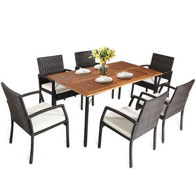 Tangkula 7- Piece Patio Dining Furniture Set Acacia Wood and Wicker Dining Table Armchairs Navy/Red/White/Turquoise