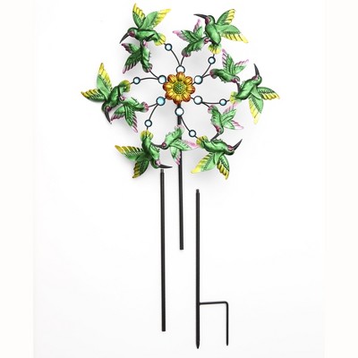 Green and Yellow Metal Hummingbird Garden Wind Spinner Stake