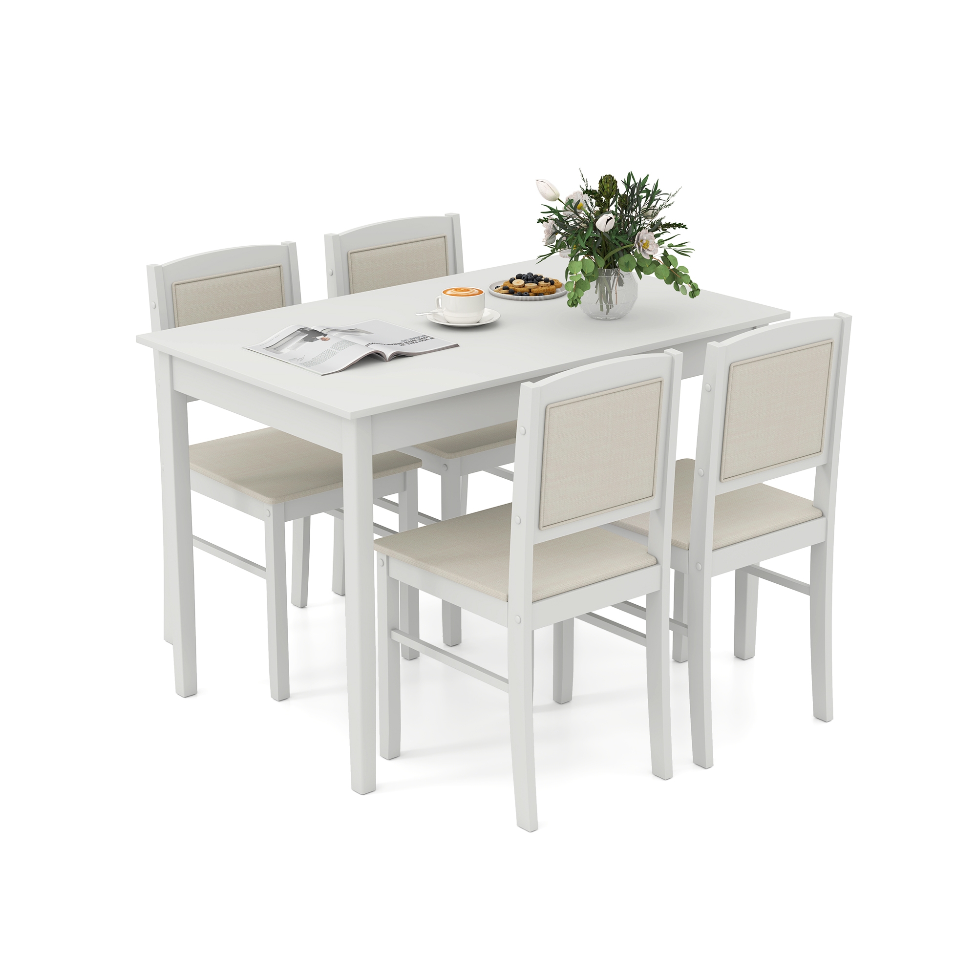 Costway 5 PCS Dining Table Set for 4 w/Rubber Wood Legs Upholstered Seat Padded Backrest Beige