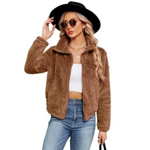 Women's Fleece Jackets Zip-Up Jacket Coats Long Sleeve Mock Neck Open Front Jacket with Pockets - 1 of 4