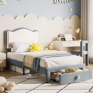 Princess Twin Size Platform Bed Frame with Storage Drawer – No Box Spring Needed, Upholstered Headboard for Kids Girls - 1 of 4