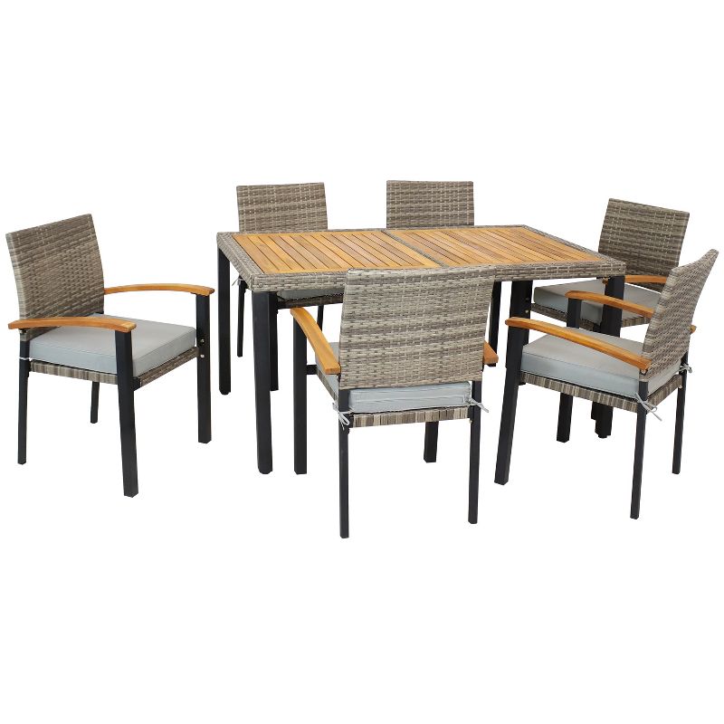 Sunnydaze Outdoor Rattan and Acacia Wood Carlow Patio Dining Set with Table, Chairs, and Seat Cushions - 7pc, 1 of 11