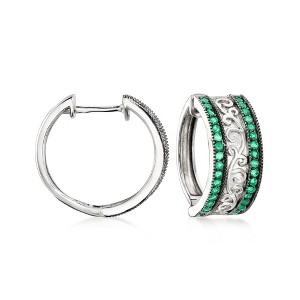 Ross-Simons 0.60 ct. t.w. Emerald Milgrain Hoop Earrings in Sterling Silver - 1 of 4
